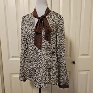 Mystree Animal Print Blouse Top Semi Sheer Long Sleeve Dark Brown Sz S
